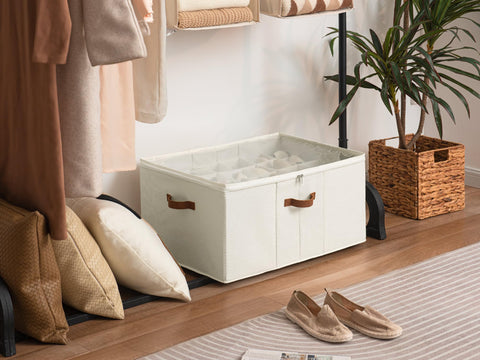 StorageWorks shoe organizer with adjustable dividers for customized shoe sizes.