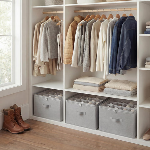 StorageWorks grey shoe cubby blending into modern closet decor.