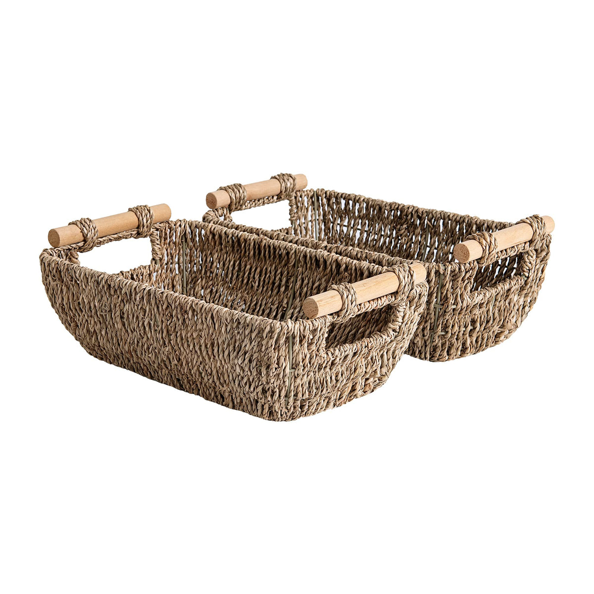 StorageWorks seagrass basket with wooden handles, front view for organized shelf storage.