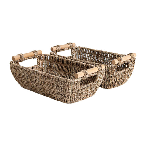 StorageWorks seagrass basket with wooden handles, front view for organized shelf storage.