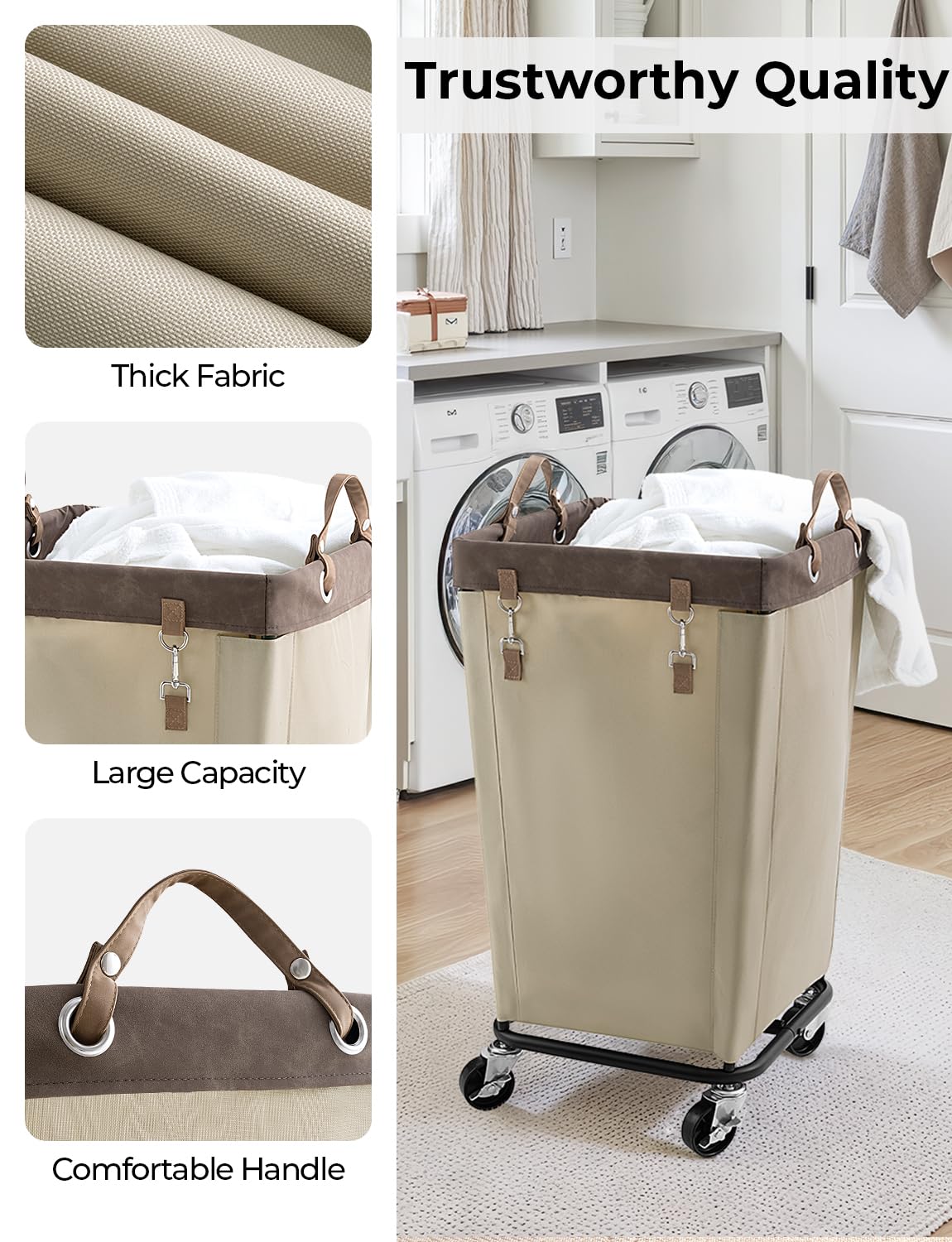 StorageWorks 360-degree wheels hamper with soft leather handle for comfortable pushing and pulling