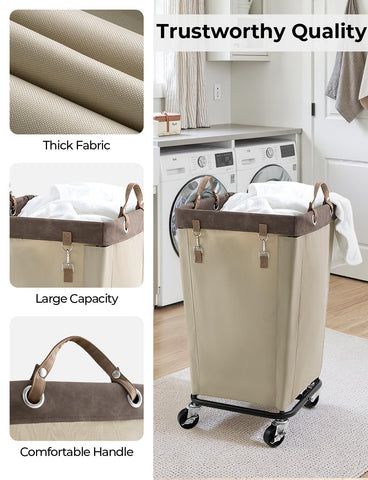 StorageWorks 360-degree wheels hamper with soft leather handle for comfortable pushing and pulling