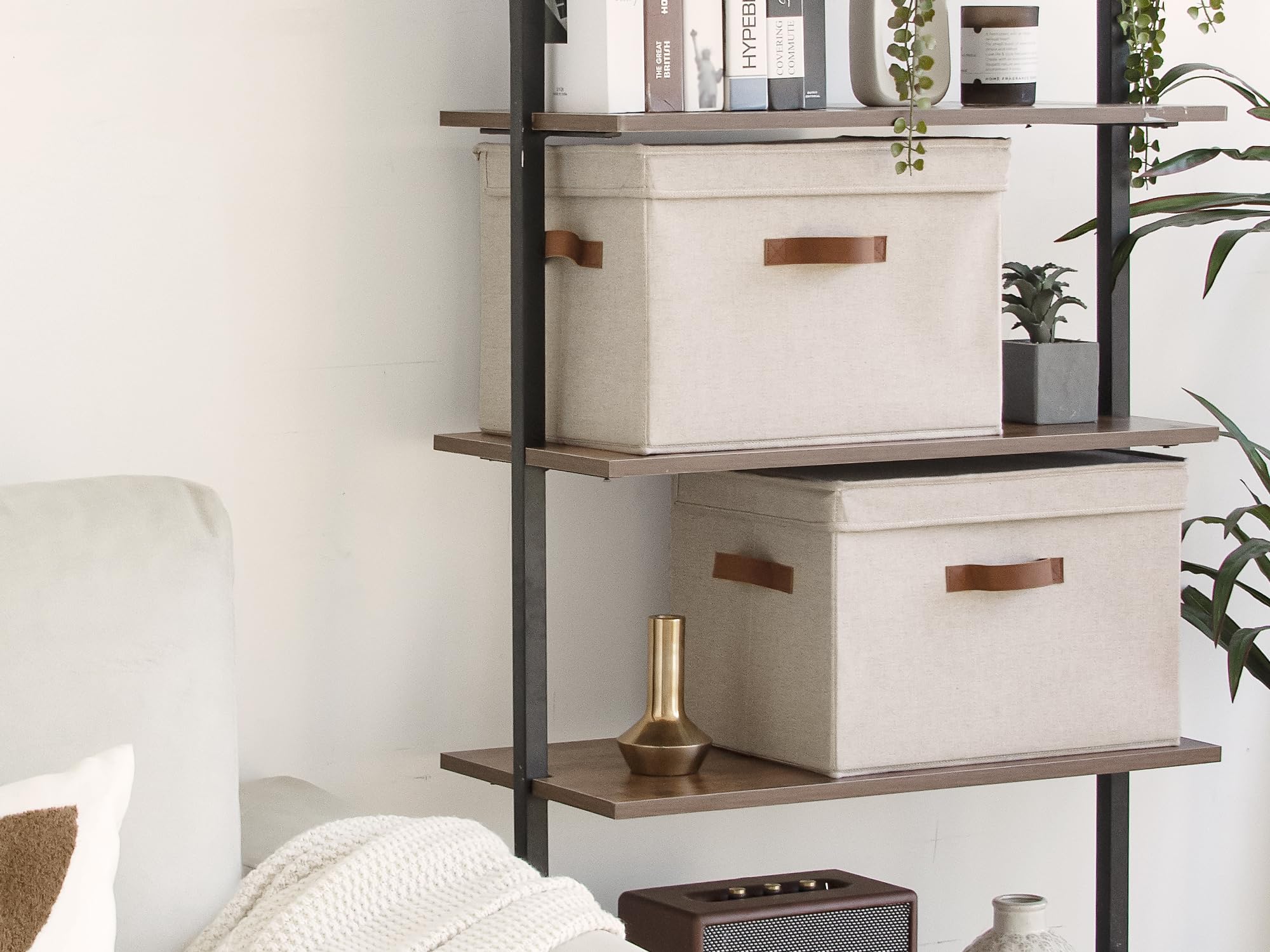 StorageWorks stackable bins on closet shelf, easy access