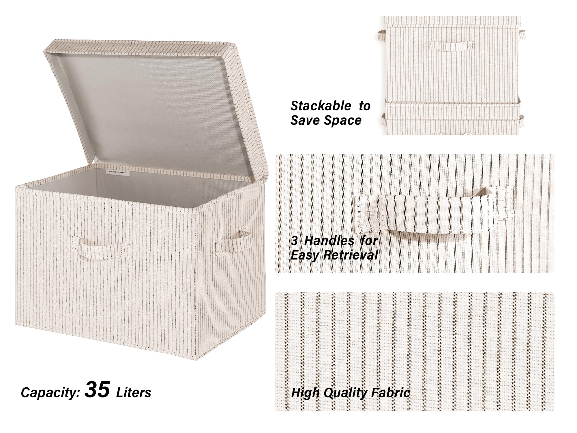 StorageWorks stackable bin on a shelf shows space-saving organization.