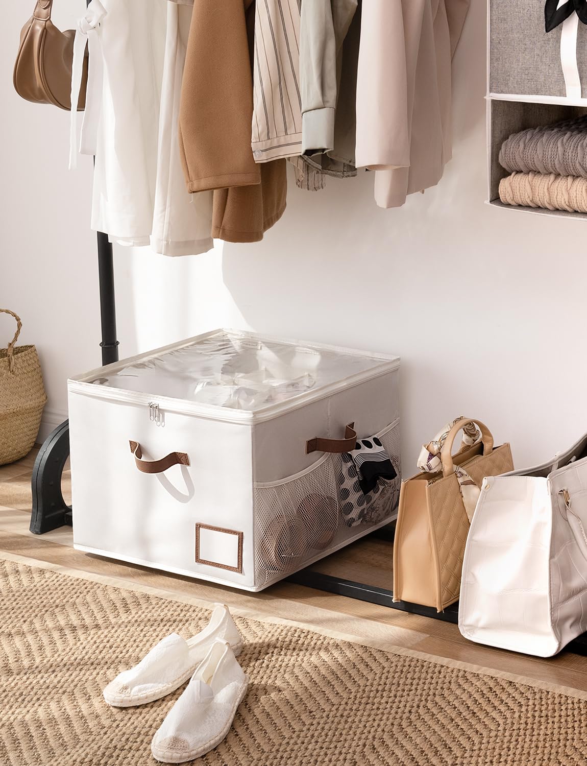 StorageWorks stackable design fits neatly in closets or entryways to save space.