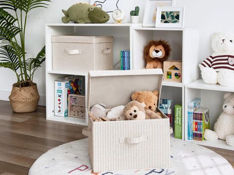 StorageWorks stackable bins on a shelf or under a bed maximize space.