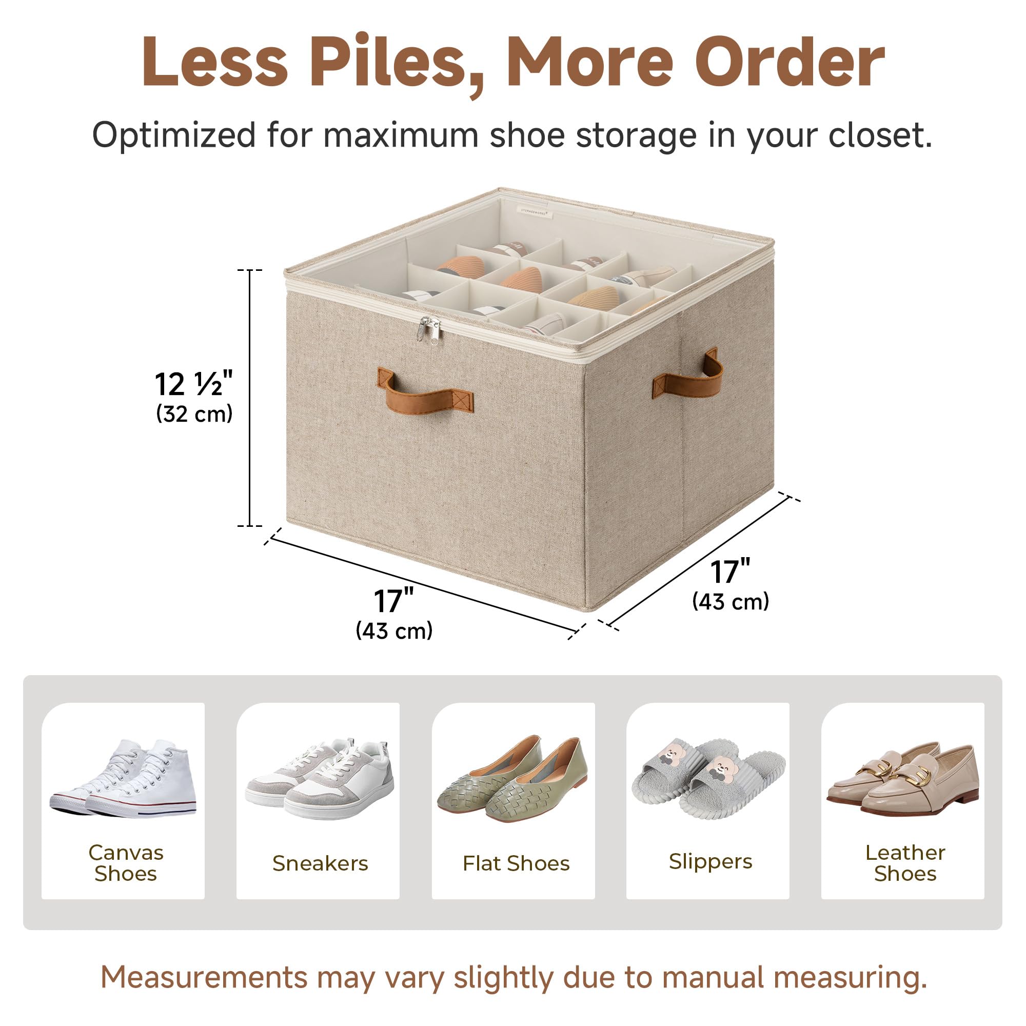 StorageWorks stackable shoe organizers with reinforced base for upright stability.