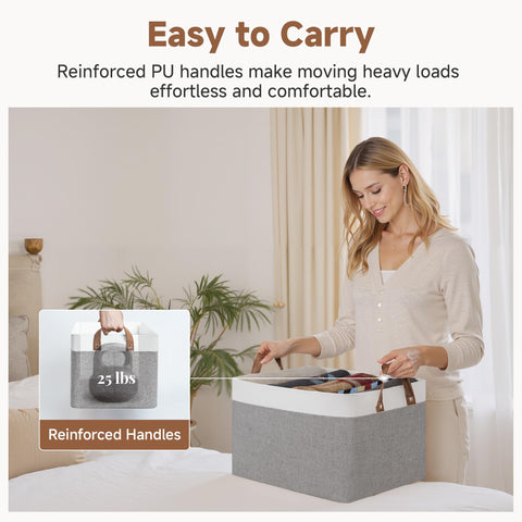 StorageWorks bins in bedroom or laundry setup keep towels neatly accessible
