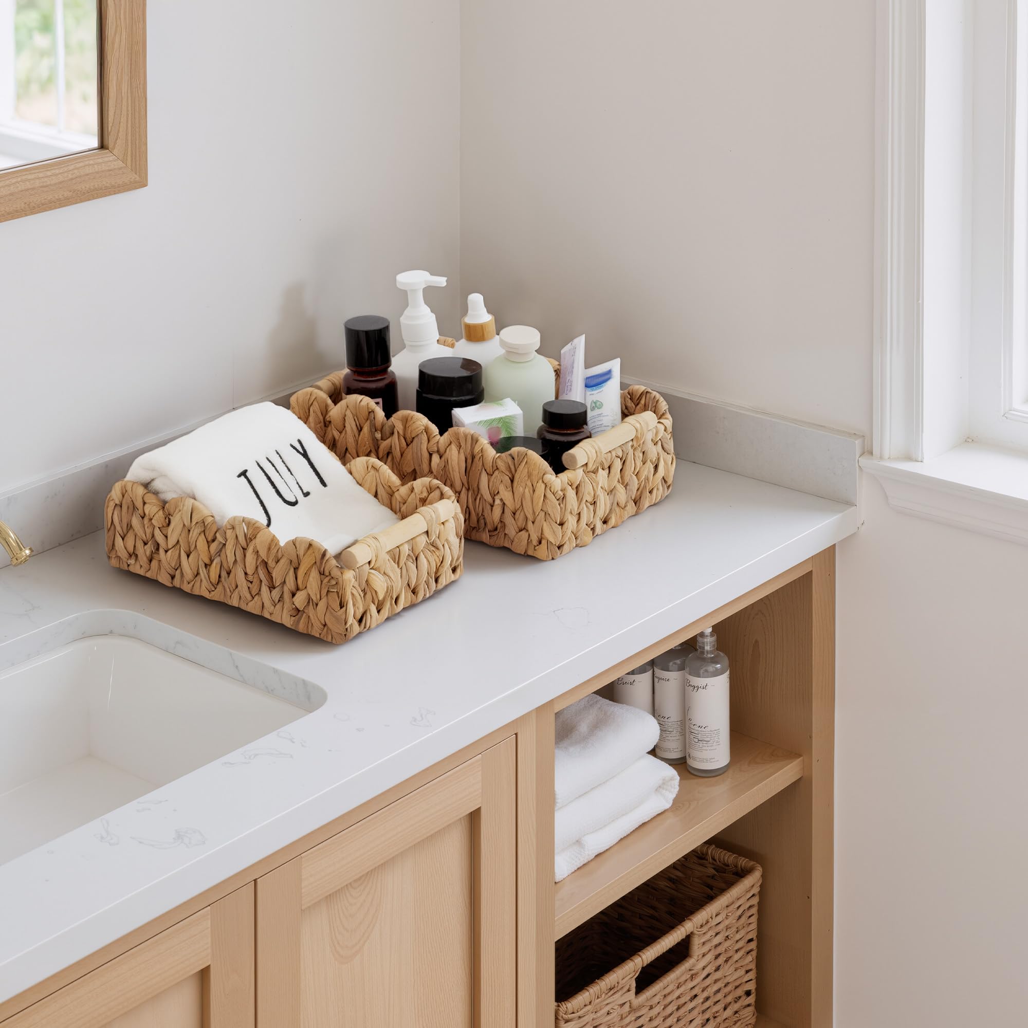 StorageWorks scalloped edge baskets blend decor with practical storage.