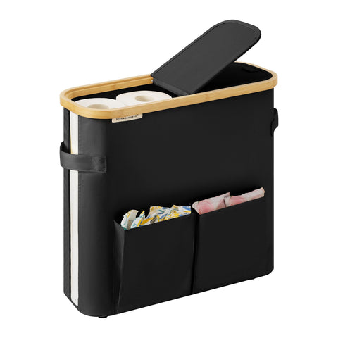 StorageWorks toilet paper basket with dual flip lids for easy access and concealed storage.