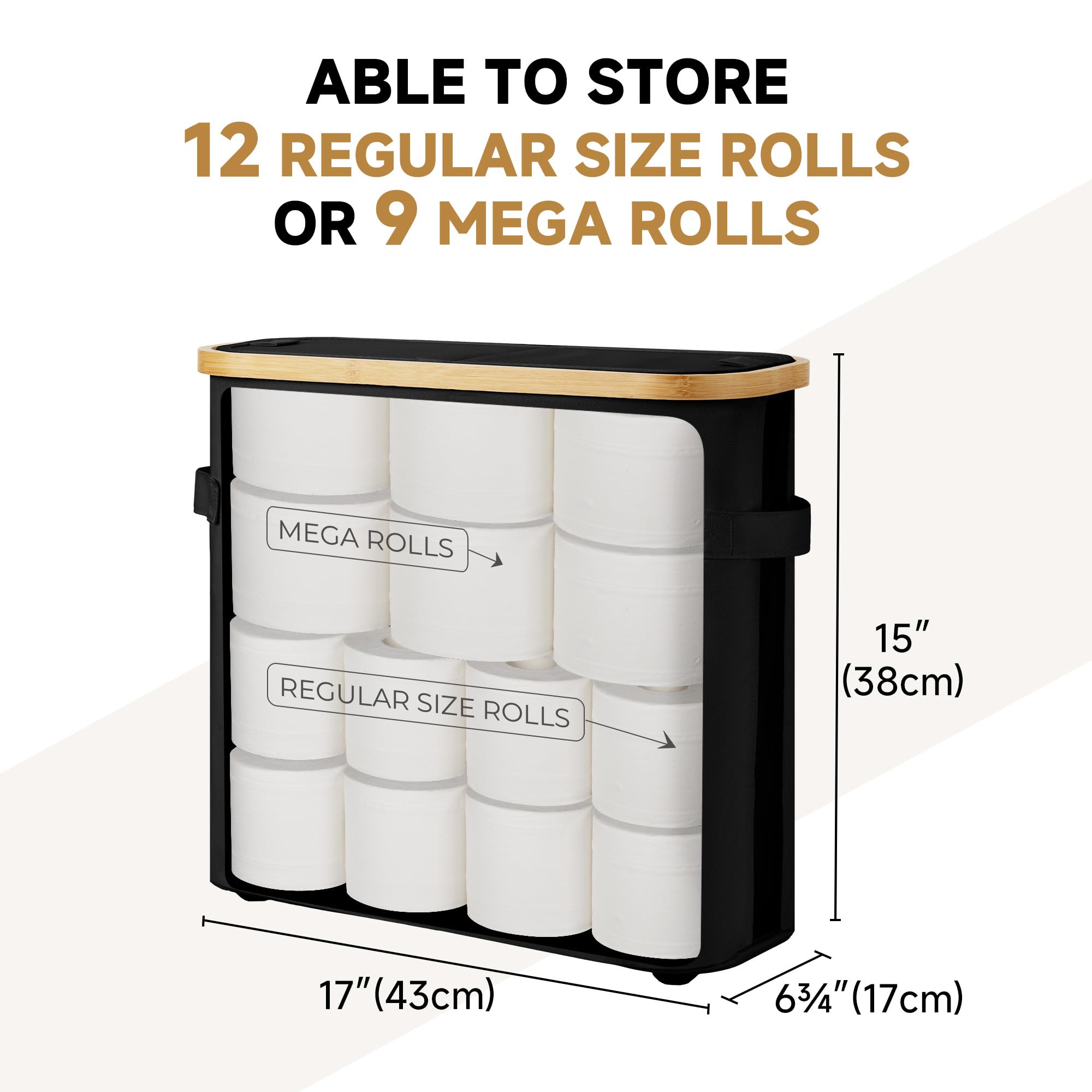 StorageWorks toilet paper basket shows a clear strip to check rolls at a glance.