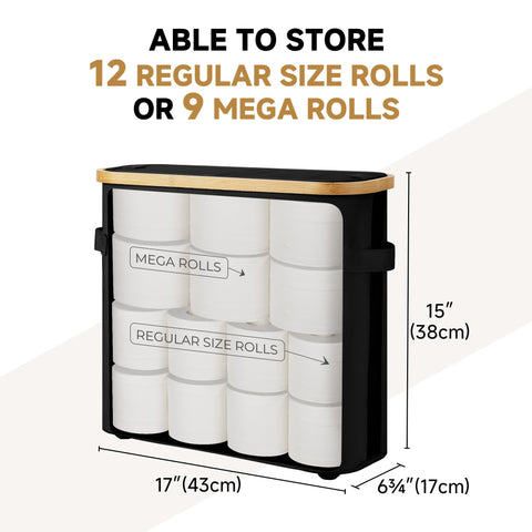 StorageWorks toilet paper basket shows a clear strip to check rolls at a glance.