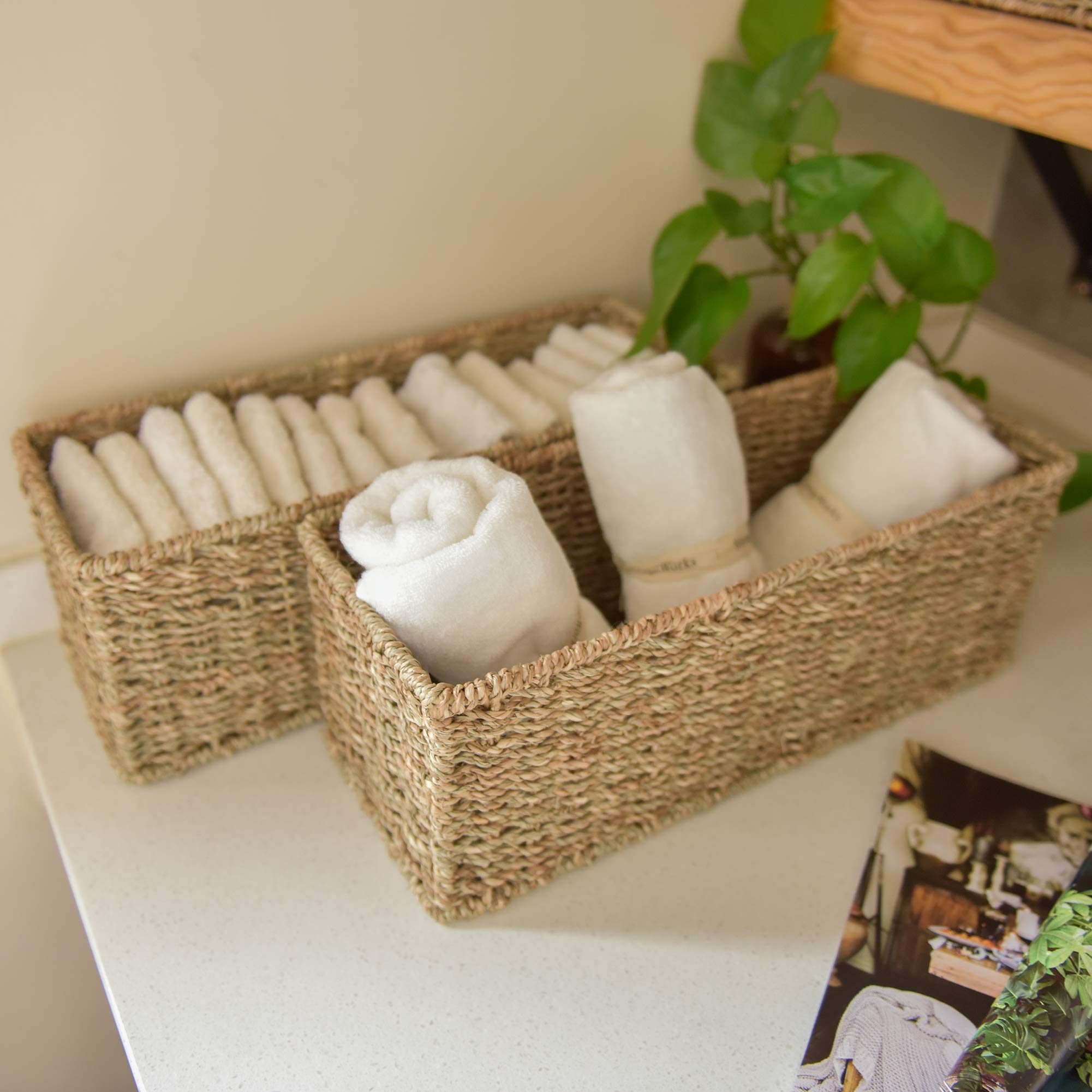 StorageWorks 2-pack seagrass basket for easy bathroom organization.
