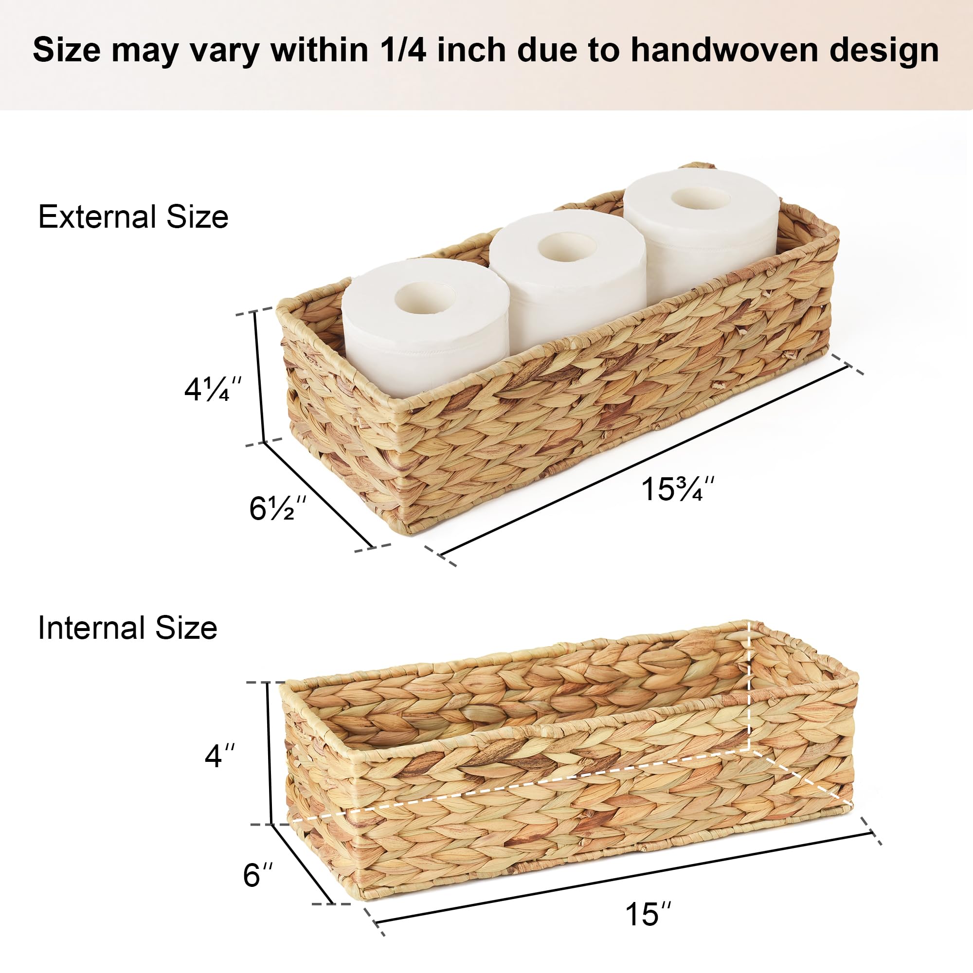 StorageWorks toilet tank basket in water hyacinth, side view highlighting natural texture and frame.