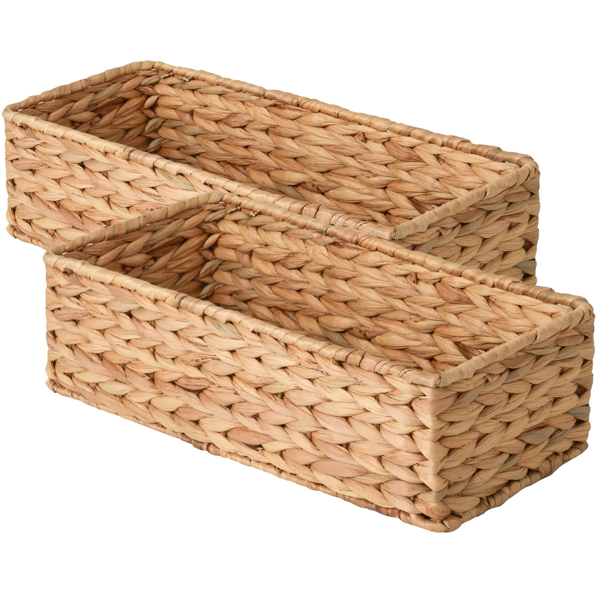 StorageWorks toilet tank basket in water hyacinth, top view showing space-saving storage on bathroom tank.