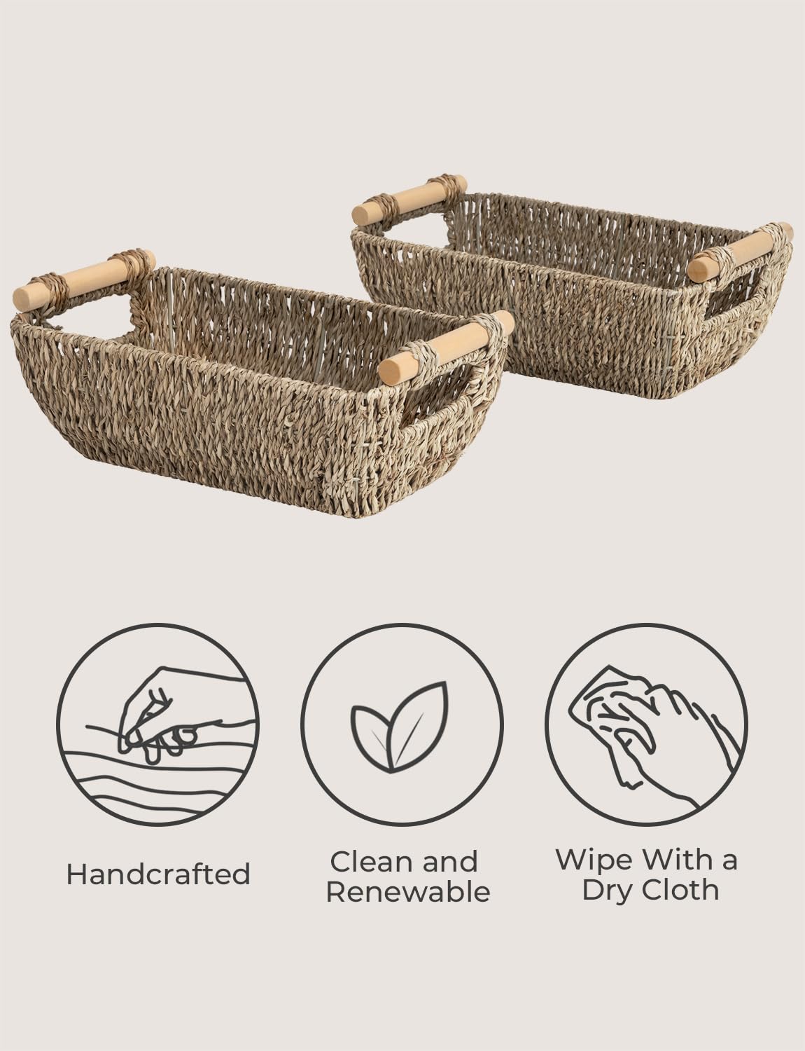 StorageWorks two-pack seagrass baskets for countertop organization and decluttering.