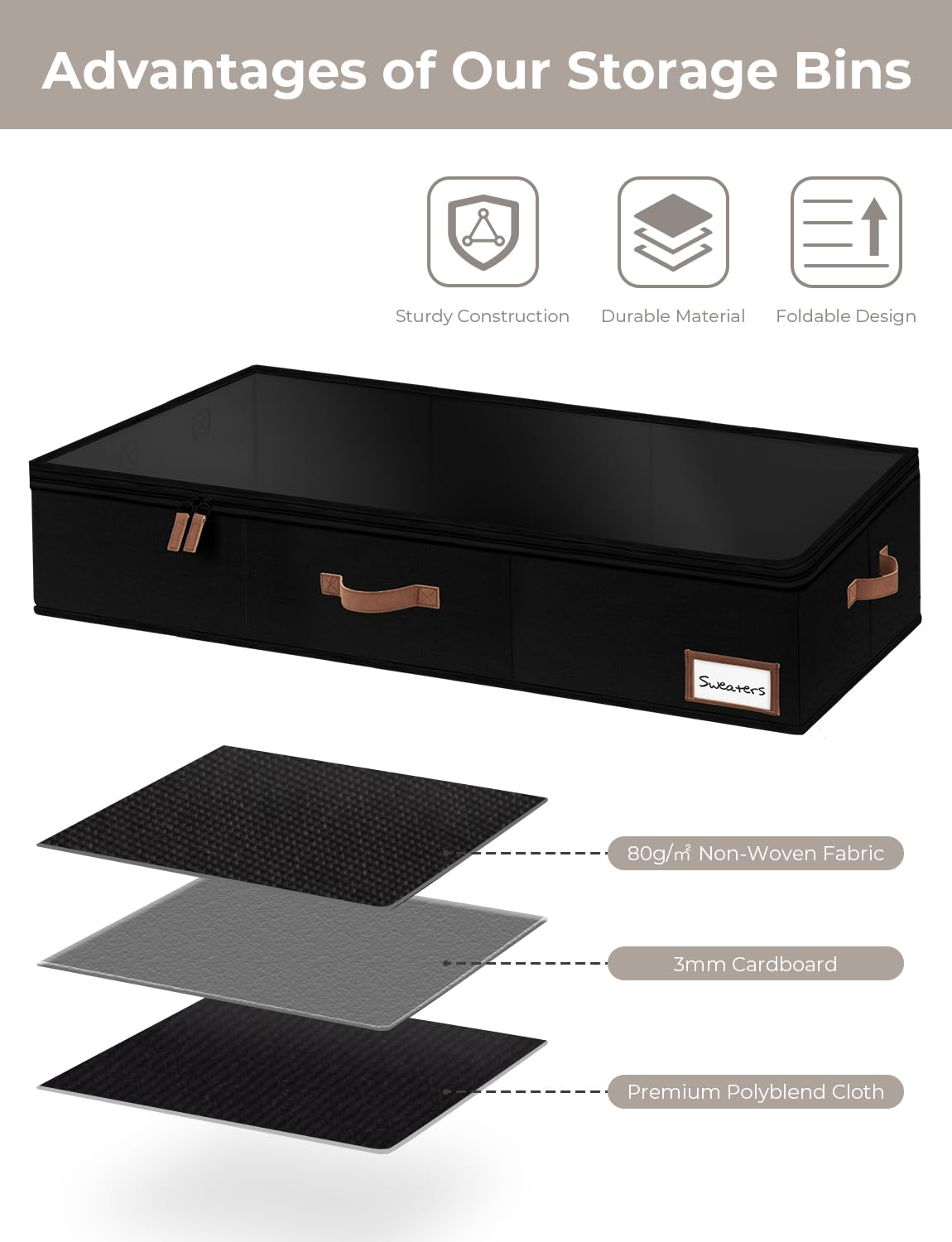 StorageWorks under-bed bin side handles for effortless pulling from tight spaces