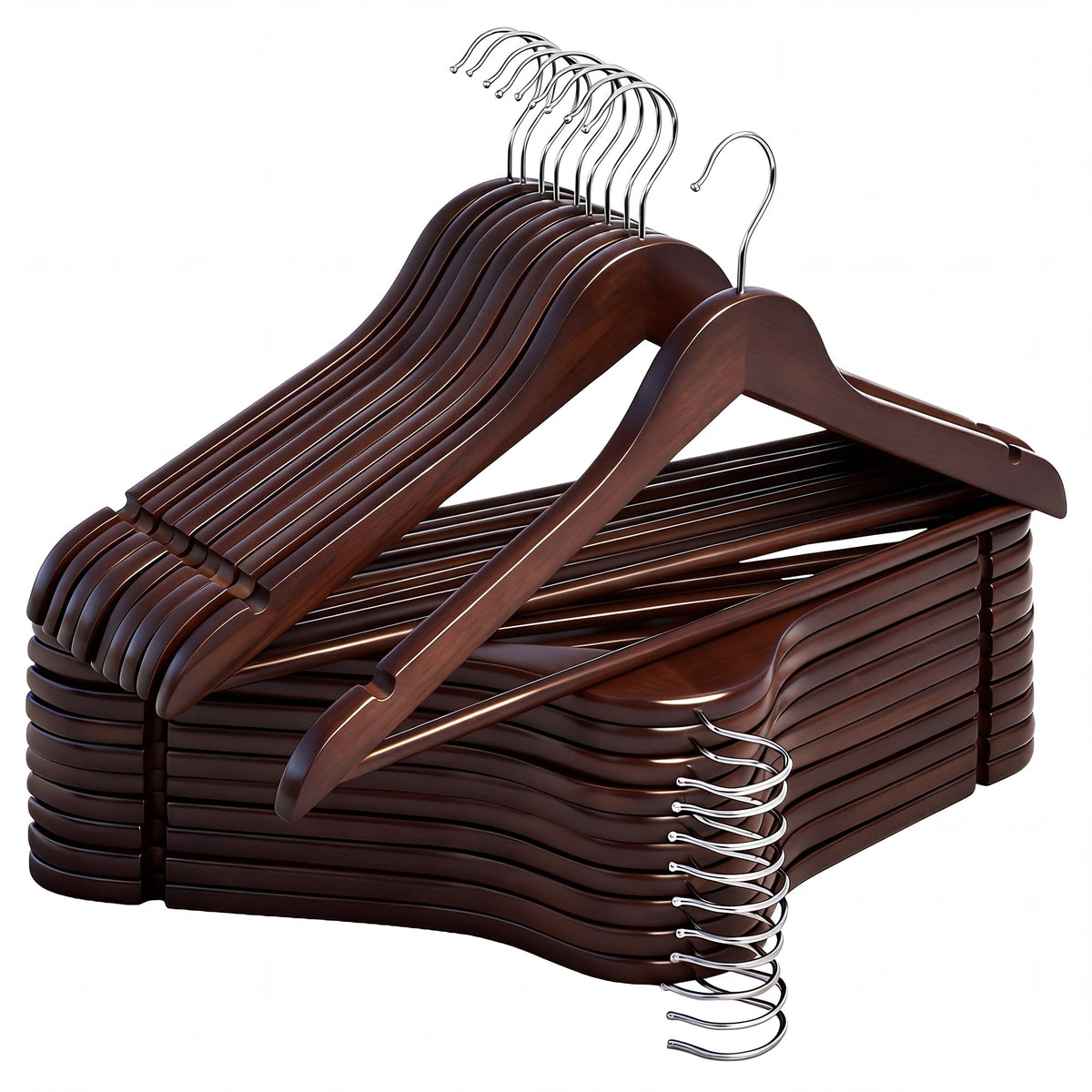 StorageWorks walnut wood hanger with contoured shoulders helps maintain garment shape.