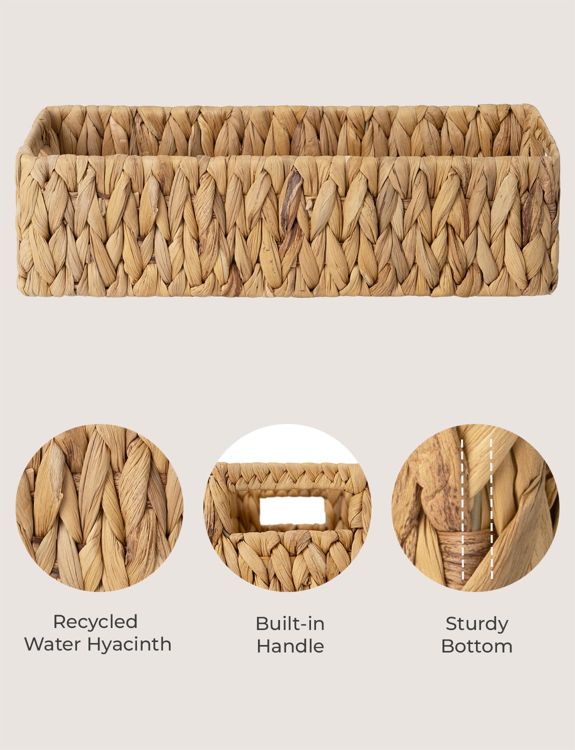Natural water hyacinth basket adds subtle bathroom decor texture