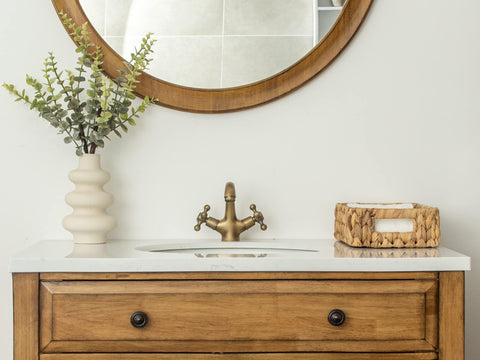 StorageWorks Water Hyacinth Basket on shelf adds natural texture and order