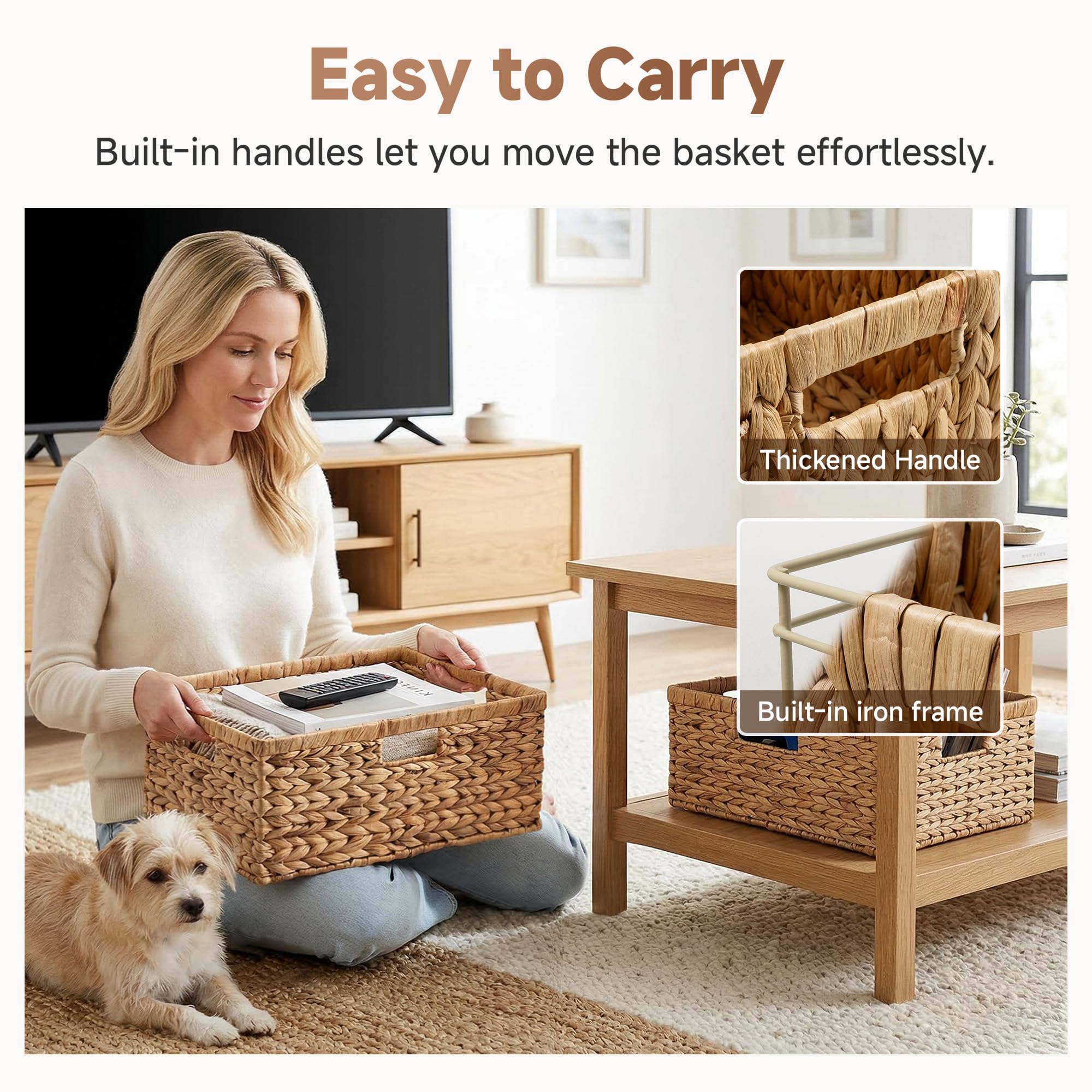 StorageWorks water hyacinth basket organizing books in a living room shelf