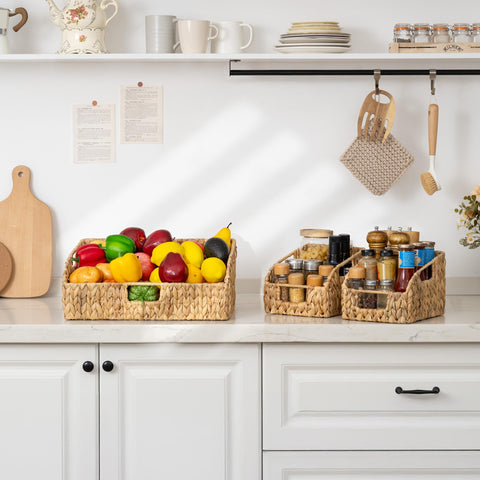 StorageWorks Water Hyacinth Pantry Basket easy front carry makes transport simple.