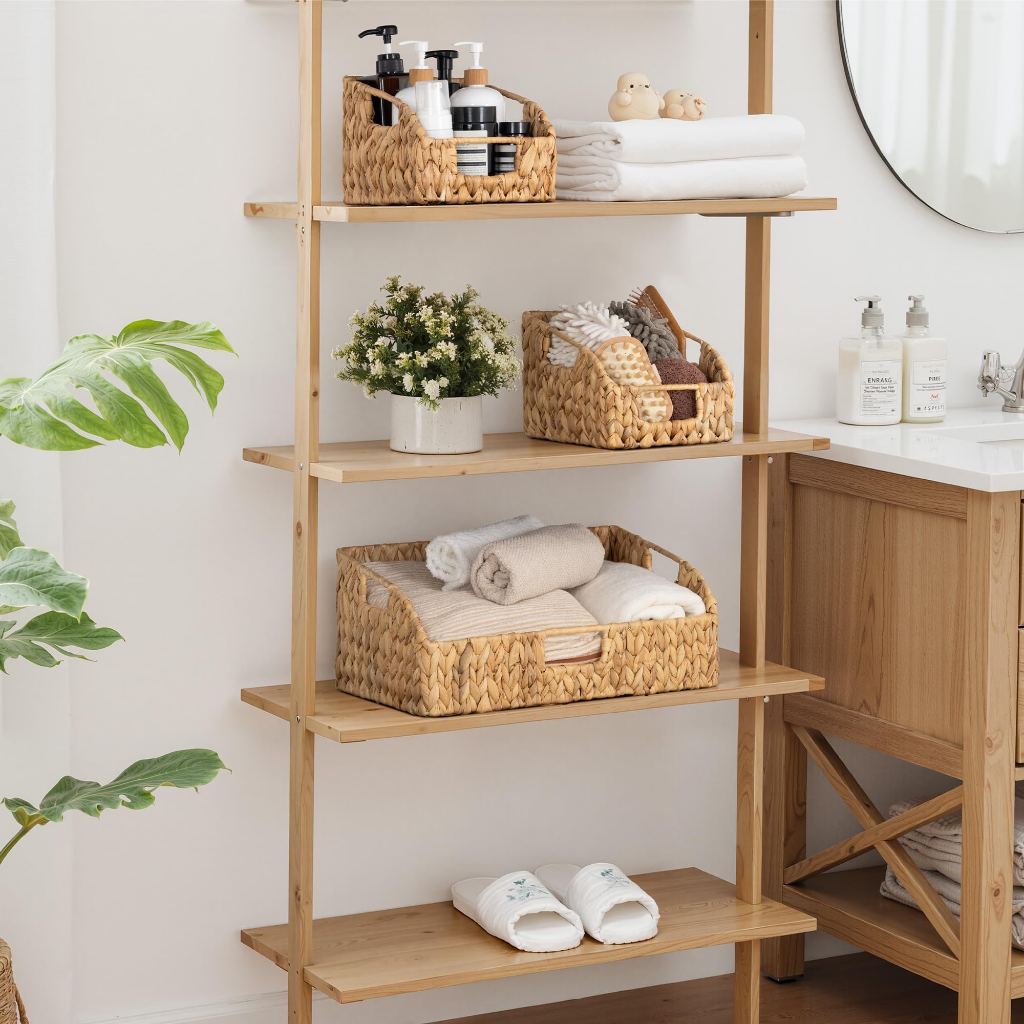 StorageWorks Water Hyacinth Pantry Basket fits laundry room storage with accessible front.