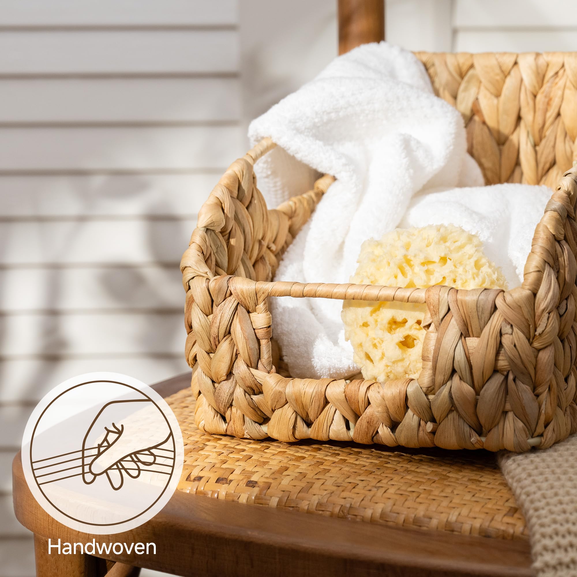 StorageWorks Water Hyacinth Pantry Basket sturdy construction suitable for pantry staples and towels.
