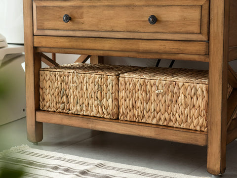 StorageWorks water hyacinth weave over iron frame offers durable support.