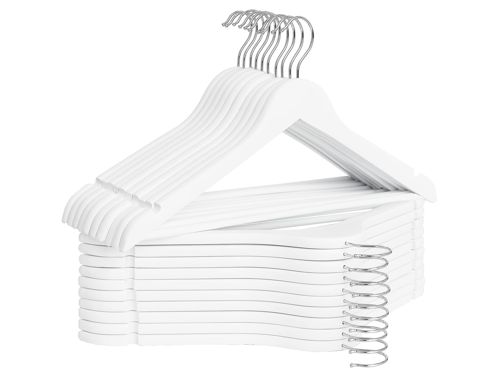 StorageWorks white wooden hanger with contoured shoulders preserves garment shape.