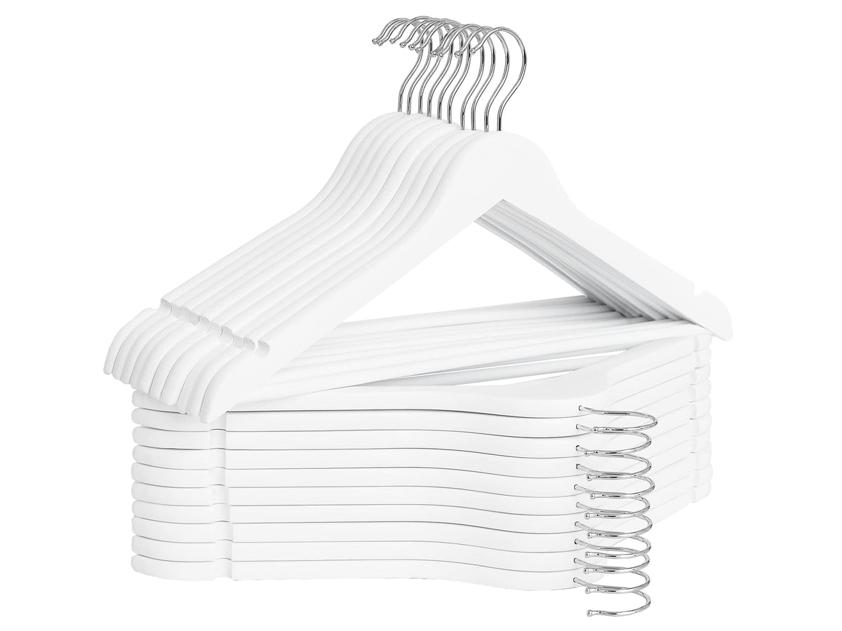 StorageWorks white wooden hanger with contoured shoulders preserves garment shape.