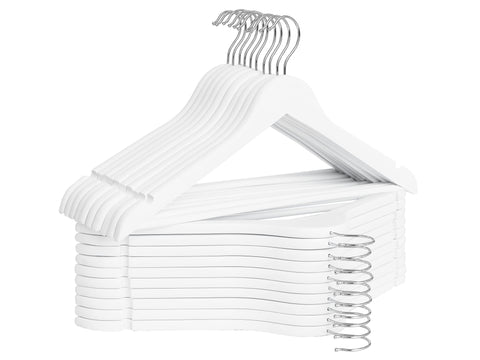 StorageWorks white wooden hanger with contoured shoulders preserves garment shape.