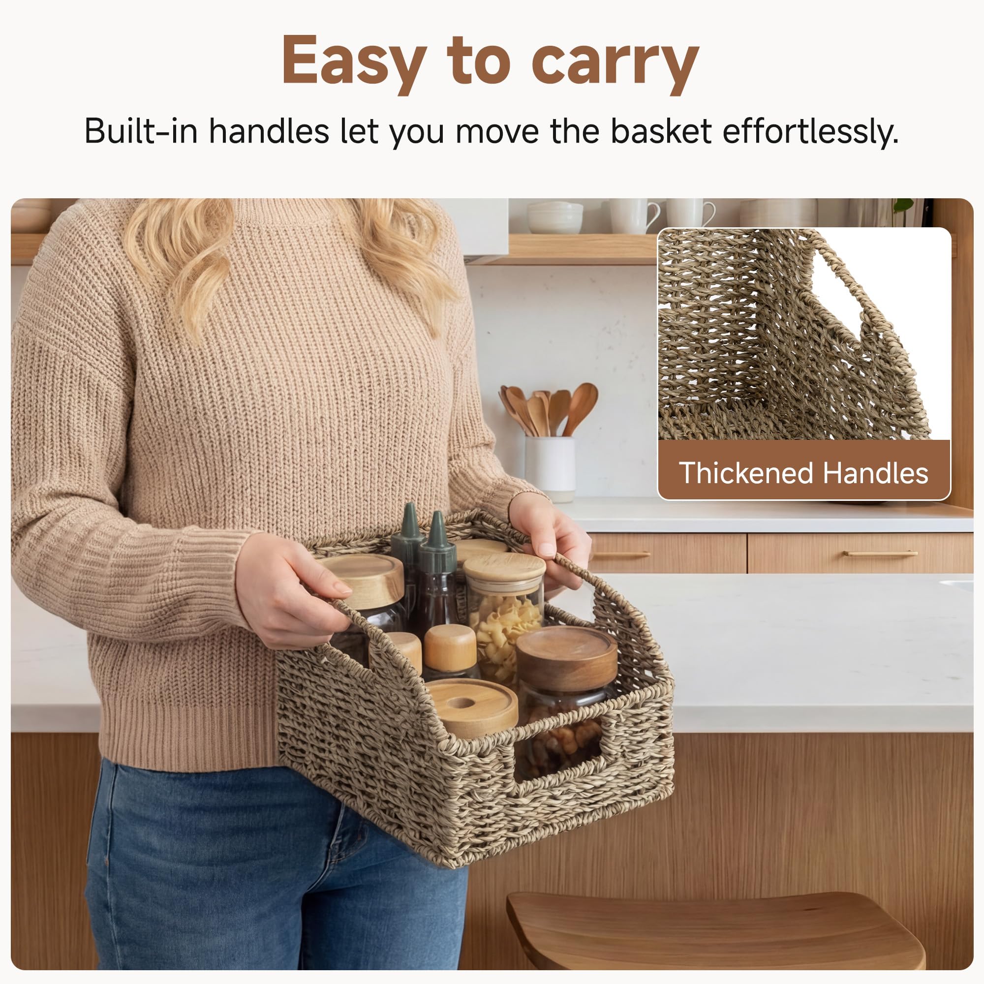 StorageWorks wicker basket handles close up showing secure easy carry design