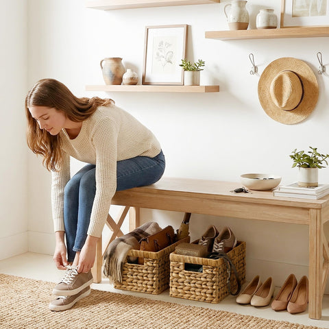 StorageWorks Wicker Basket helps declutter desks, shelves, and bathrooms with style.