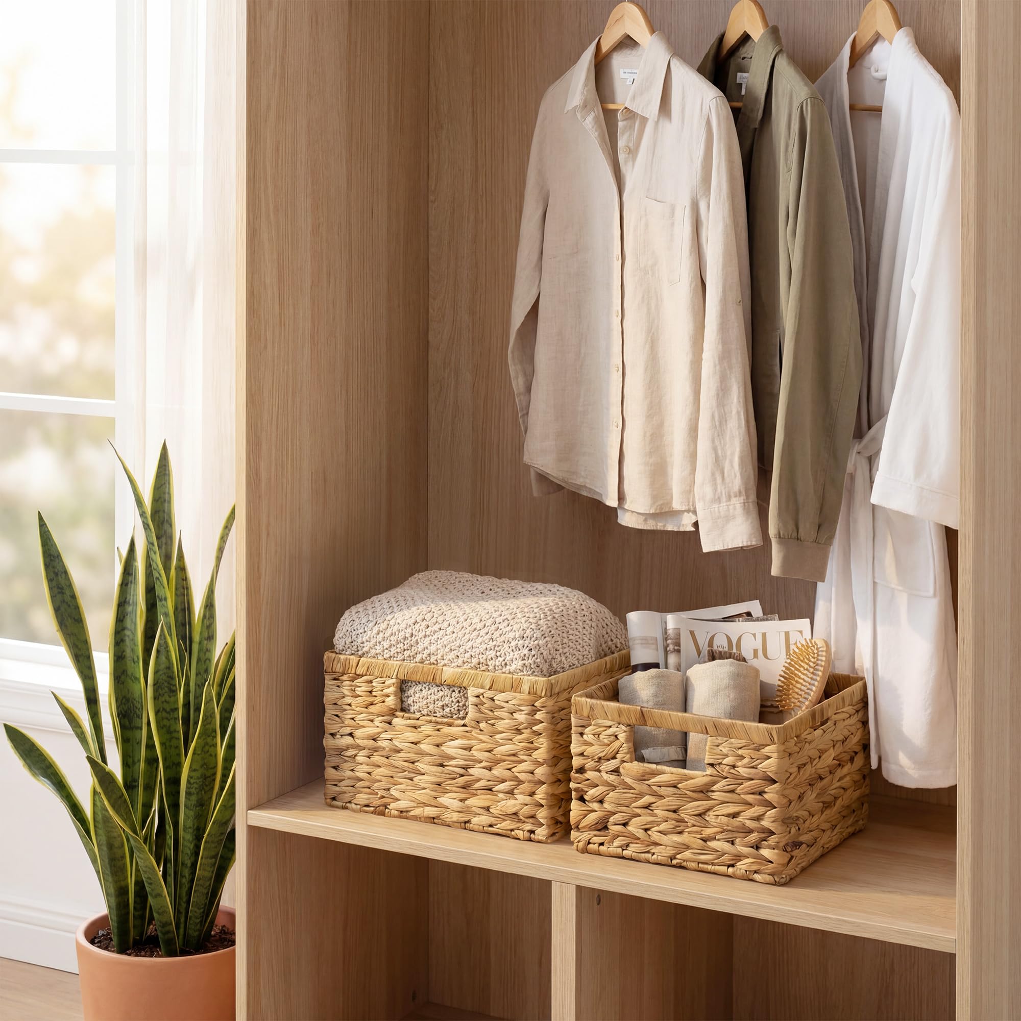 StorageWorks wicker basket storing snacks on kitchen counter