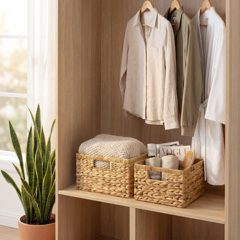 StorageWorks wicker basket storing snacks on kitchen counter