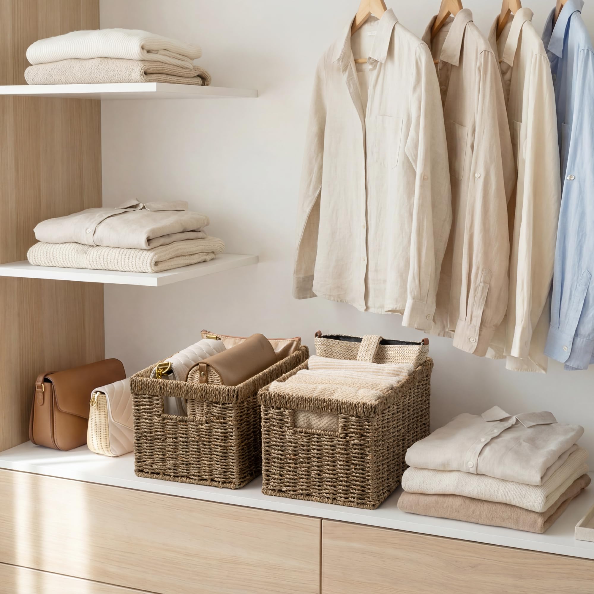 StorageWorks wicker basket reinforced with a metal frame for durability.