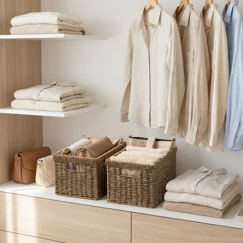 StorageWorks wicker basket reinforced with a metal frame for durability.
