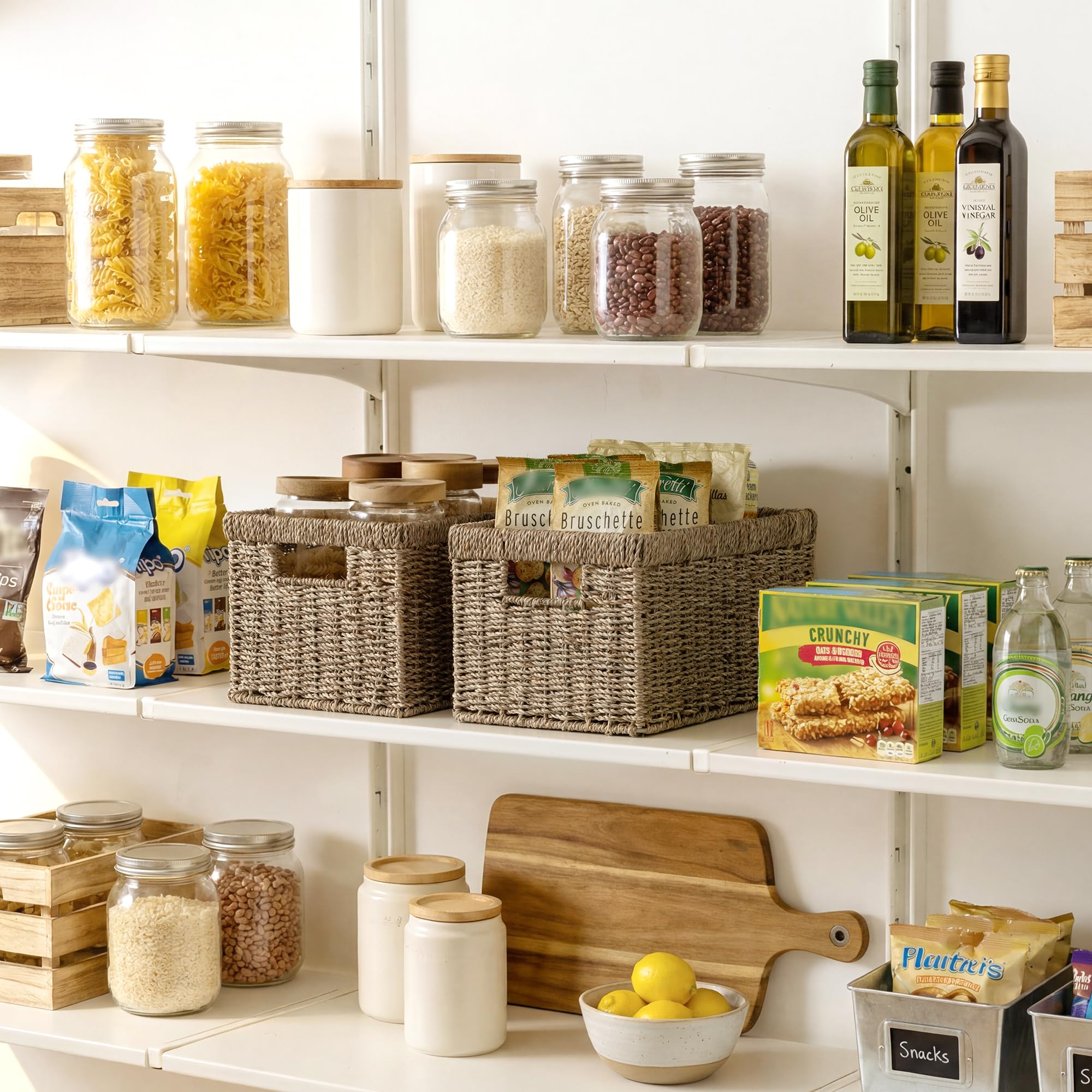 StorageWorks seagrass basket with built-in handles for easy carrying and organization.