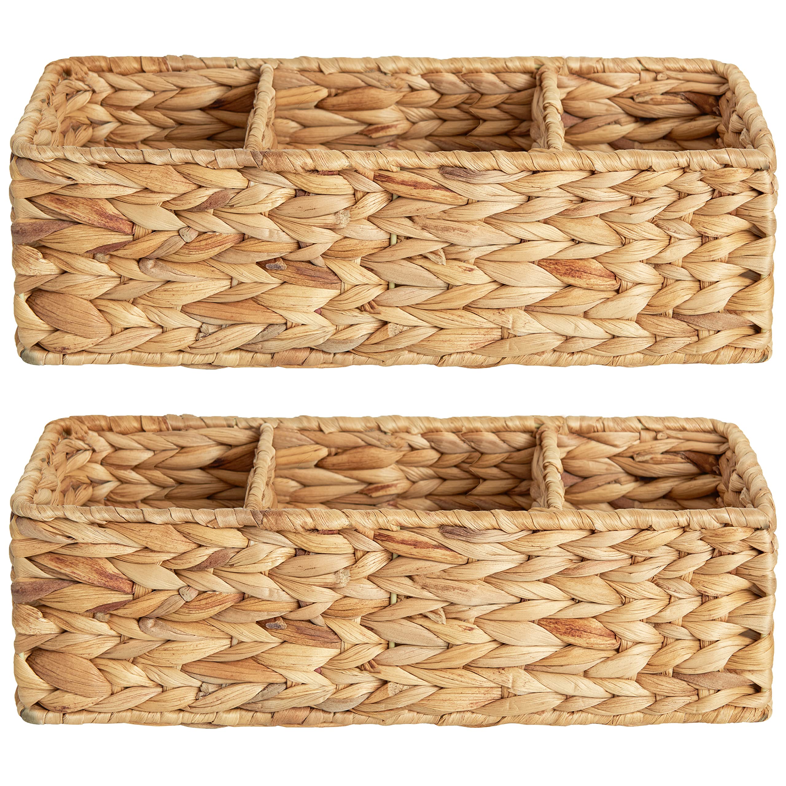 StorageWorks Wicker Basket Tank Topper with three compartments for organized bathroom storage.