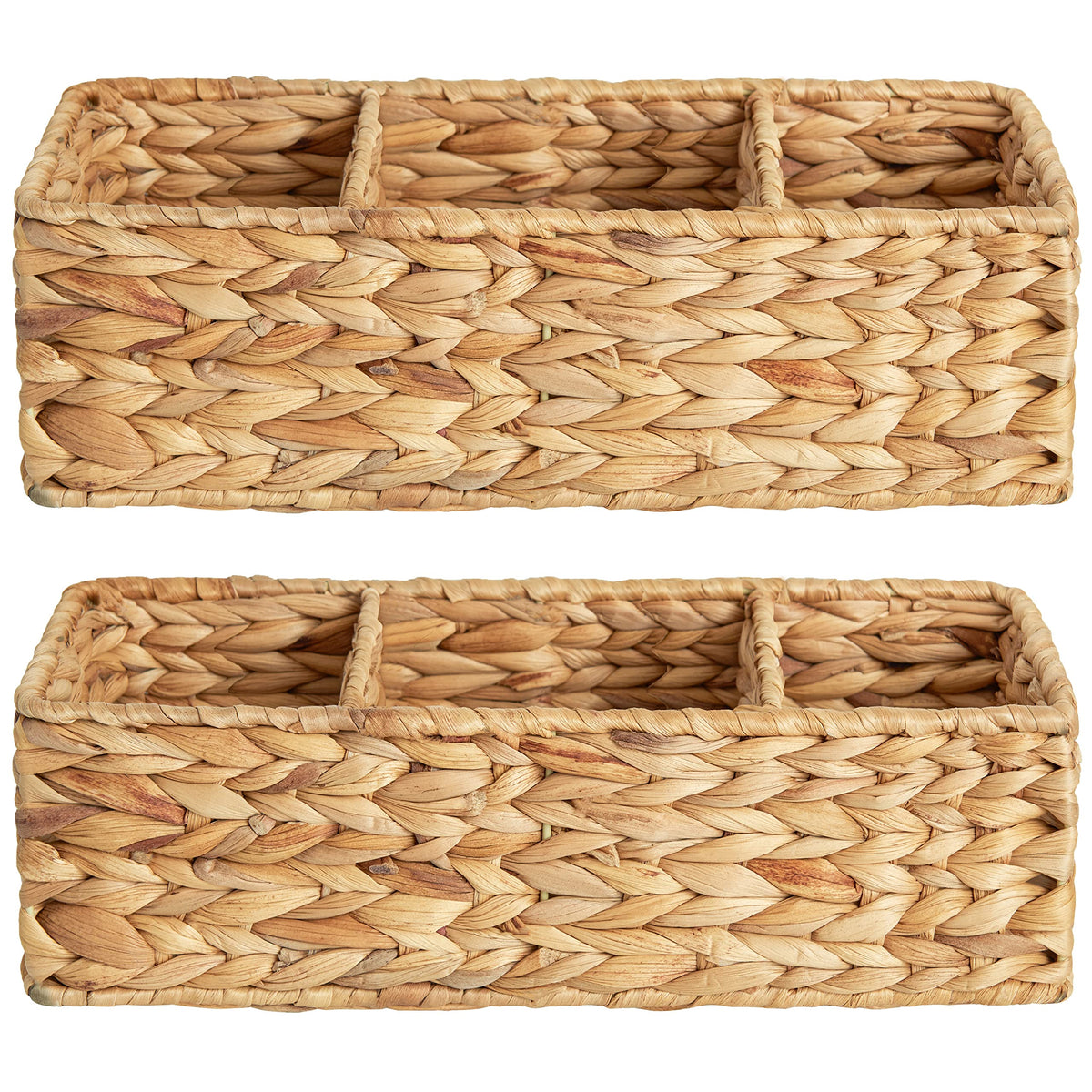 StorageWorks Wicker Basket Tank Topper with three compartments for organized bathroom storage.