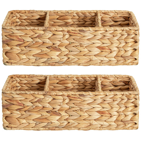 StorageWorks Wicker Basket Tank Topper with three compartments for organized bathroom storage.