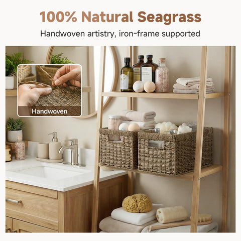 StorageWorks seagrass basket keeps toiletries and small items neatly stored.