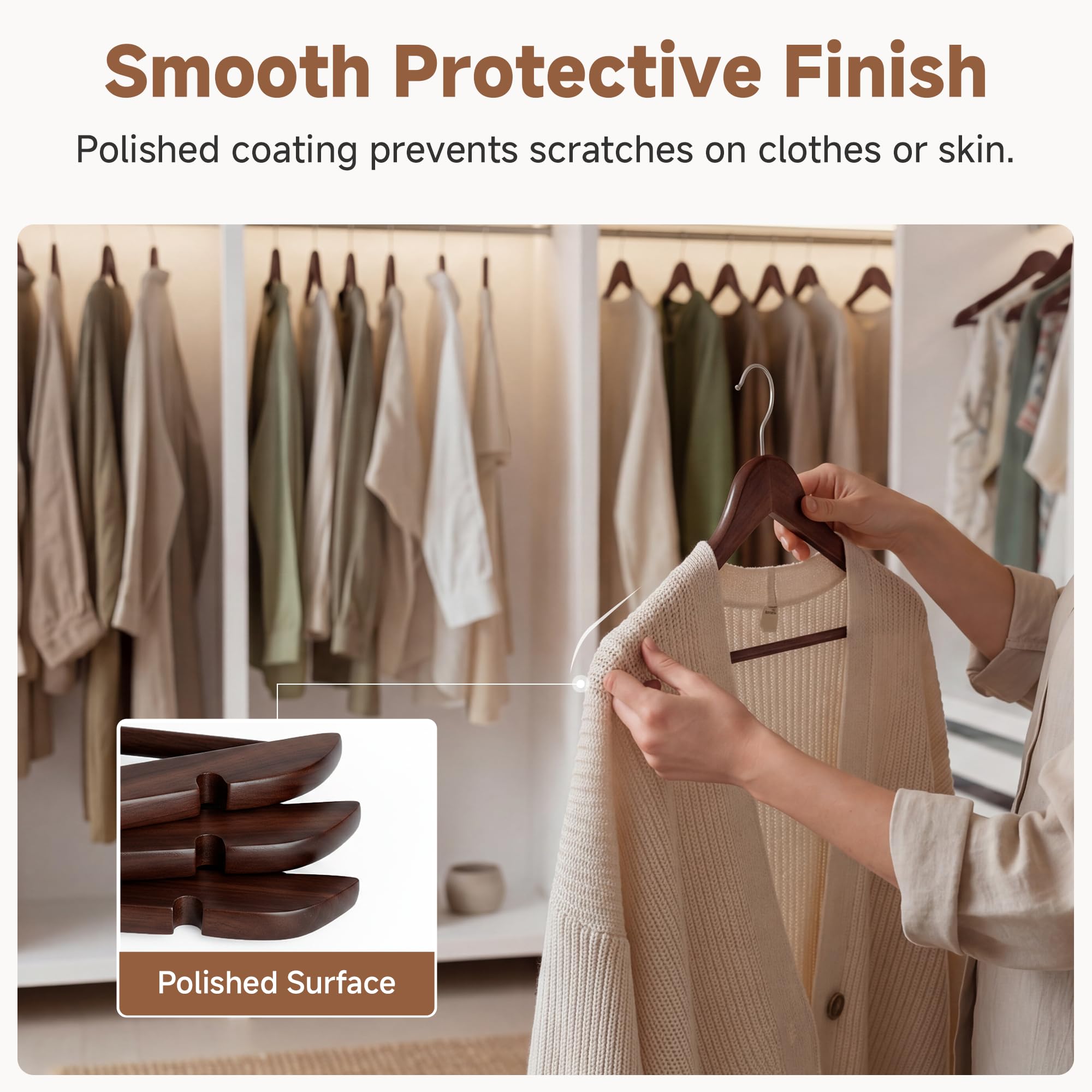 StorageWorks wooden hangers feature a 360-degree swivel hook for easy access.