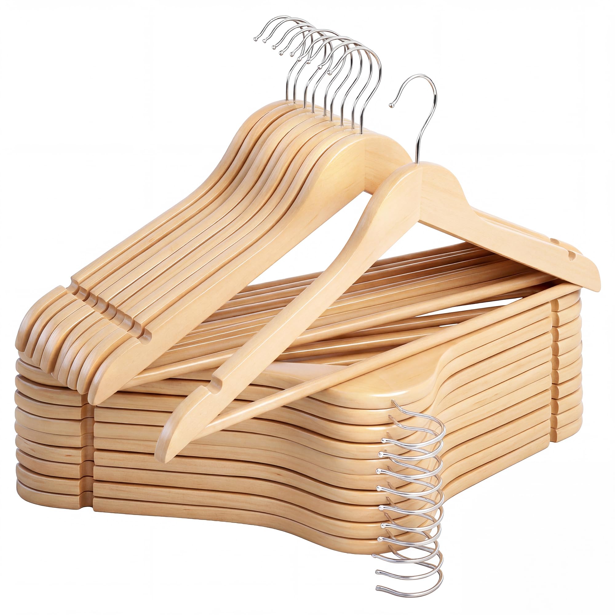 StorageWorks wooden hanger with contoured shoulders preserves garment shape and reduces wrinkles.