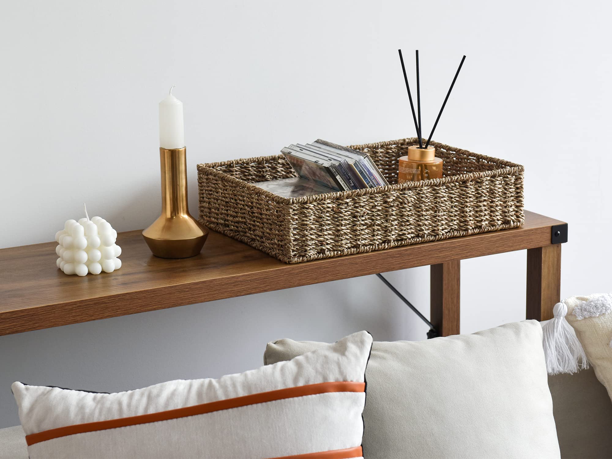 StorageWorks seagrass storage baskets on shelves for versatile organization