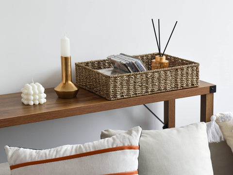 StorageWorks seagrass storage baskets on shelves for versatile organization