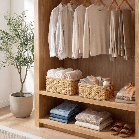 StorageWorks decorative storage adds warmth and texture to shelves and vanities.