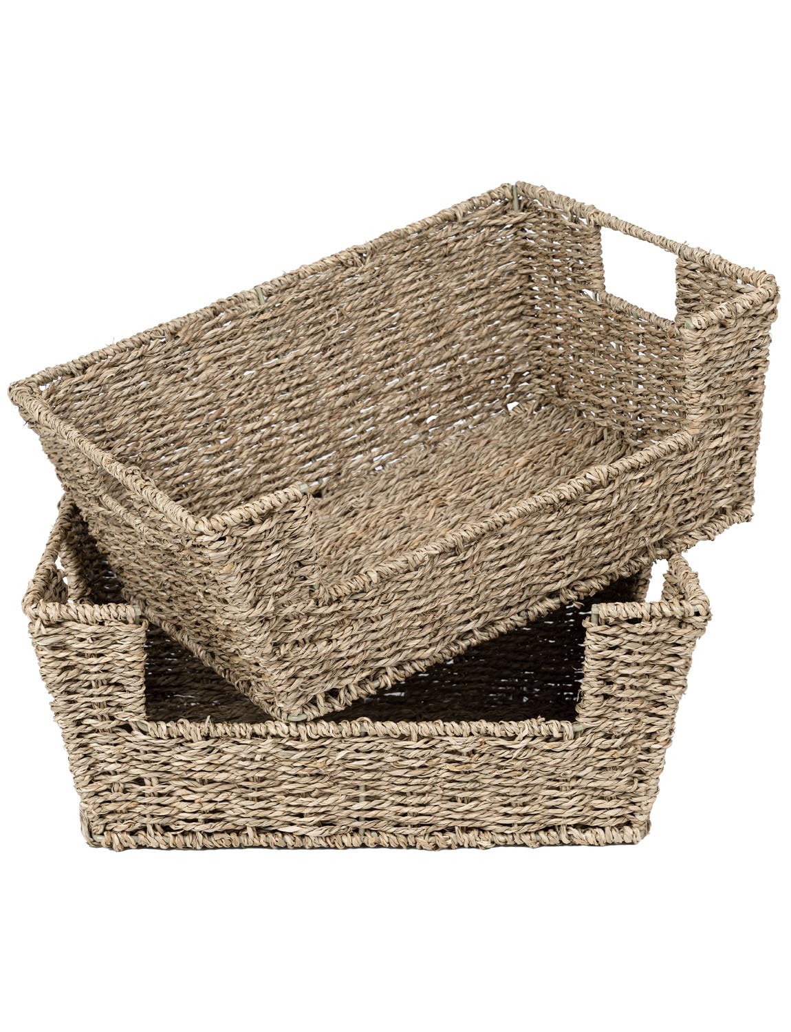 StoragWorks wicker basket on pantry shelf keeps spices and cans neatly organized.