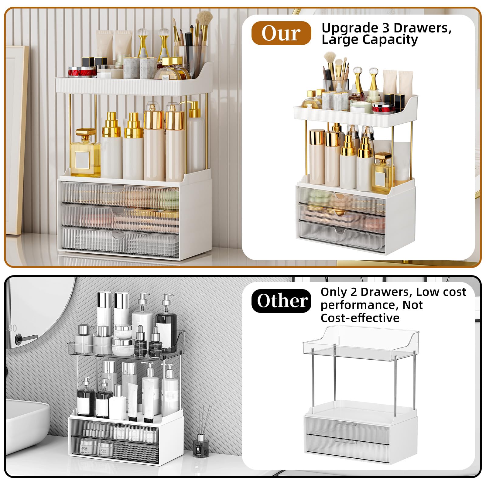 StorBin 3-drawer organizer with drawers open for easy access to cosmetics